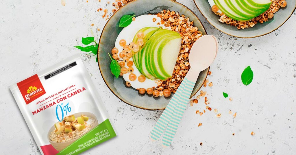Imagen sobre de avena instantánea 0 % azúcar añadida sabor manzana con canela 