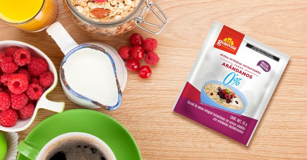Imagen sobre de avena instantánea 0 % azúcar añadida con arándanos 